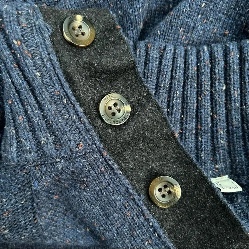 Mexx Men’s Classic Elbow Patch Wool Blend Sweater, Buttons at Neck, Size Sm